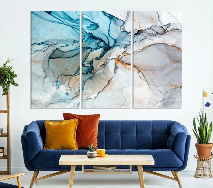 The "Turquoise Green Marble Fluid Effect Wall Art Abstract Canvas Wall Art Print" adorns the wall, ensuring timeless elegance with its UV-protective coating.