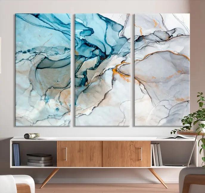 The "Turquoise Green Marble Fluid Effect Wall Art Abstract Canvas Wall Art Print" adorns the wall, ensuring timeless elegance with its UV-protective coating.