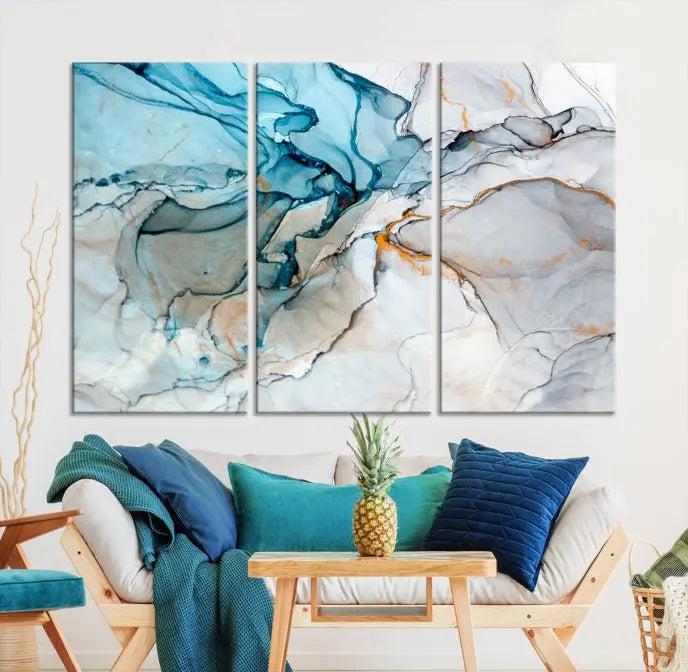 The "Turquoise Green Marble Fluid Effect Wall Art Abstract Canvas Wall Art Print" adorns the wall, ensuring timeless elegance with its UV-protective coating.