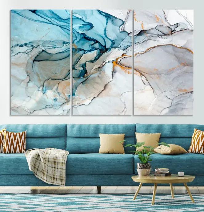 The "Turquoise Green Marble Fluid Effect Wall Art Abstract Canvas Wall Art Print" adorns the wall, ensuring timeless elegance with its UV-protective coating.