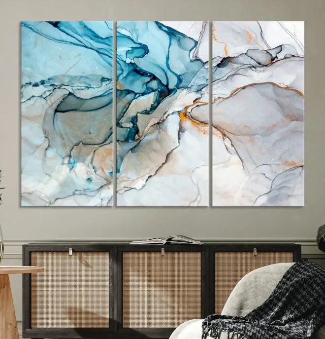 The "Turquoise Green Marble Fluid Effect Wall Art Abstract Canvas Wall Art Print" adorns the wall, ensuring timeless elegance with its UV-protective coating.