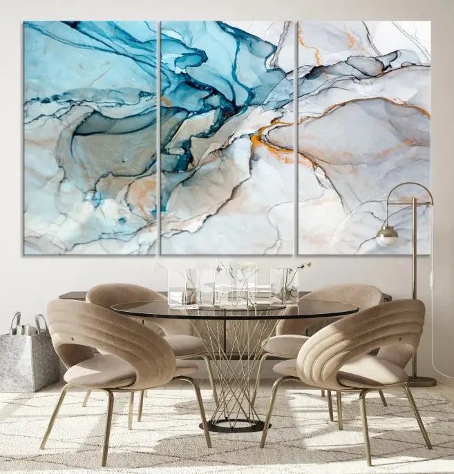 The "Turquoise Green Marble Fluid Effect Wall Art Abstract Canvas Wall Art Print" adorns the wall, ensuring timeless elegance with its UV-protective coating.