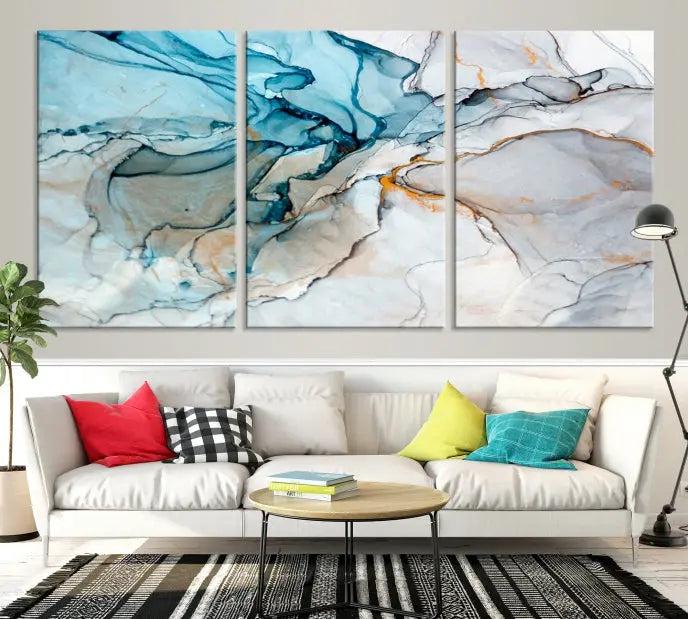 The "Turquoise Green Marble Fluid Effect Wall Art Abstract Canvas Wall Art Print" adorns the wall, ensuring timeless elegance with its UV-protective coating.