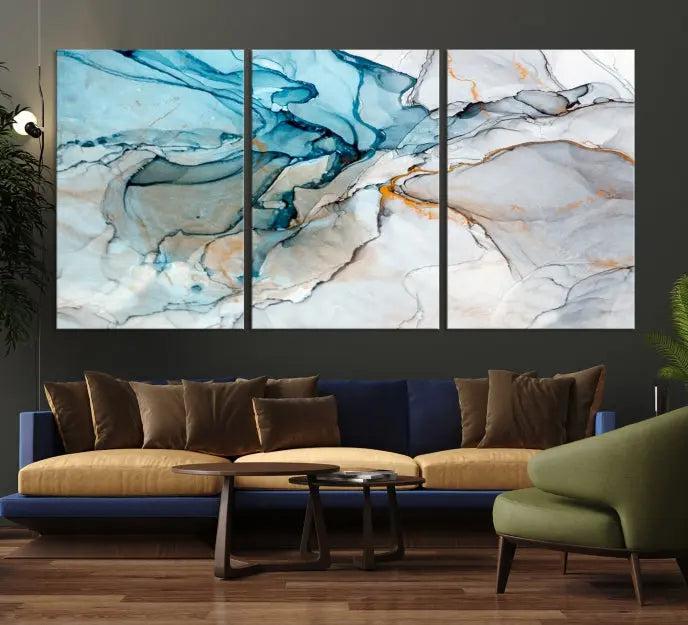 The "Turquoise Green Marble Fluid Effect Wall Art Abstract Canvas Wall Art Print" adorns the wall, ensuring timeless elegance with its UV-protective coating.