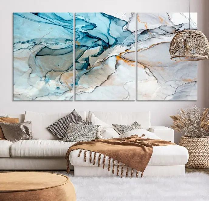 The "Turquoise Green Marble Fluid Effect Wall Art Abstract Canvas Wall Art Print" adorns the wall, ensuring timeless elegance with its UV-protective coating.