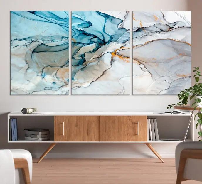 The "Turquoise Green Marble Fluid Effect Wall Art Abstract Canvas Wall Art Print" adorns the wall, ensuring timeless elegance with its UV-protective coating.