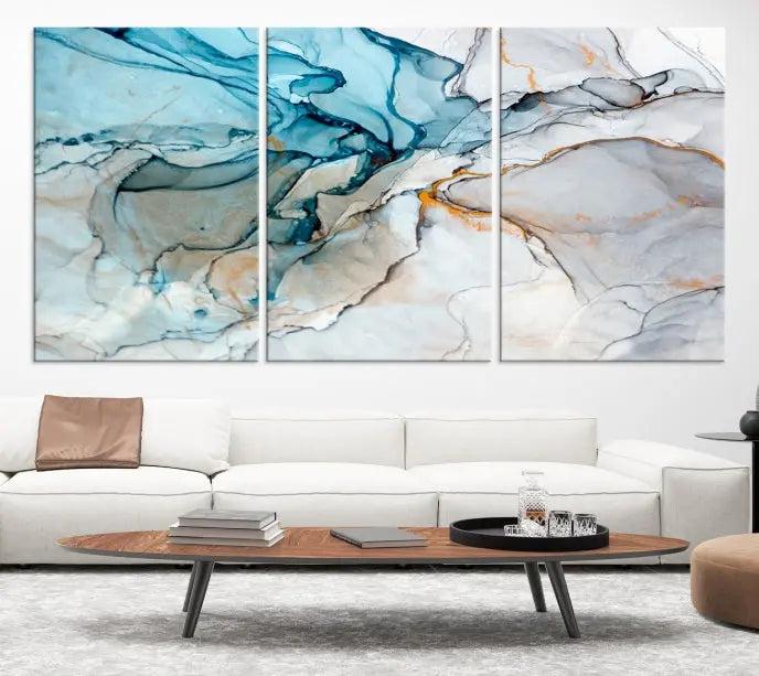 The "Turquoise Green Marble Fluid Effect Wall Art Abstract Canvas Wall Art Print" adorns the wall, ensuring timeless elegance with its UV-protective coating.