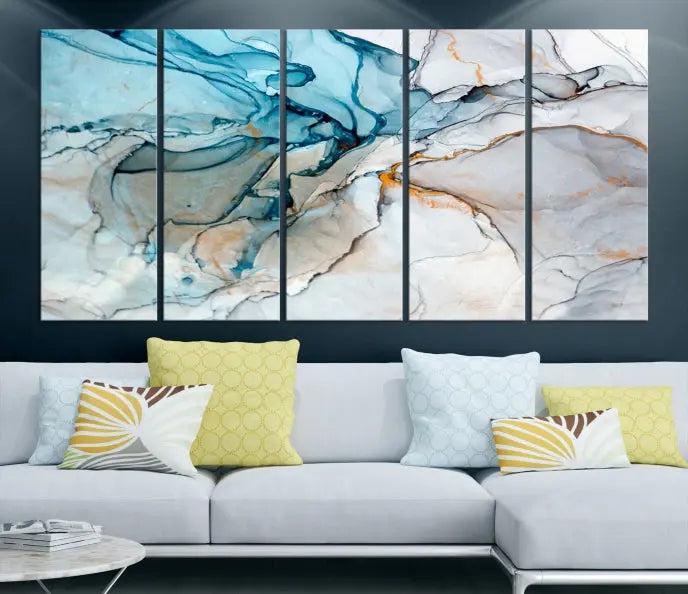 The "Turquoise Green Marble Fluid Effect Wall Art Abstract Canvas Wall Art Print" adorns the wall, ensuring timeless elegance with its UV-protective coating.