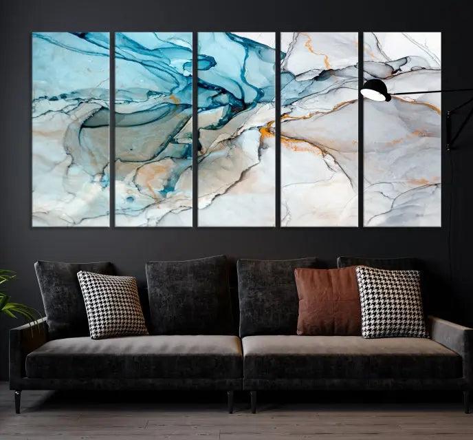 The "Turquoise Green Marble Fluid Effect Wall Art Abstract Canvas Wall Art Print" adorns the wall, ensuring timeless elegance with its UV-protective coating.