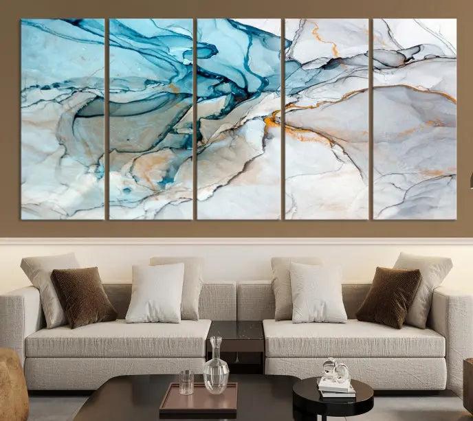 The "Turquoise Green Marble Fluid Effect Wall Art Abstract Canvas Wall Art Print" adorns the wall, ensuring timeless elegance with its UV-protective coating.