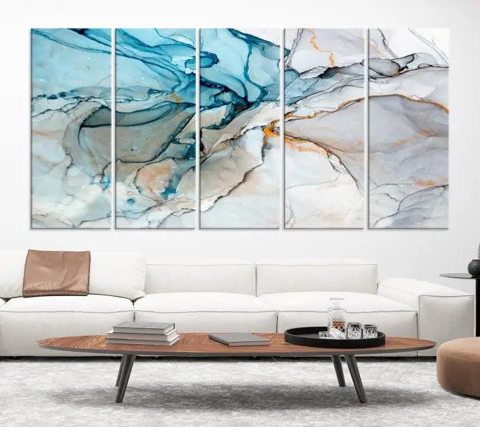 The "Turquoise Green Marble Fluid Effect Wall Art Abstract Canvas Wall Art Print" adorns the wall, ensuring timeless elegance with its UV-protective coating.