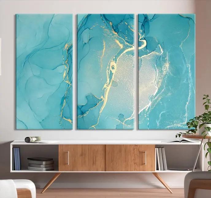 The Turquoise Marble Fluid Effect Wall Art Abstract Canvas Print, elegantly gallery wrapped on museum-quality canvas, hangs prominently.