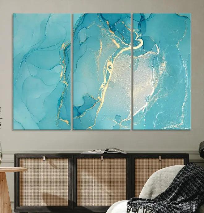 The Turquoise Marble Fluid Effect Wall Art Abstract Canvas Print, elegantly gallery wrapped on museum-quality canvas, hangs prominently.