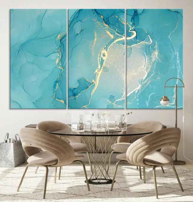 The Turquoise Marble Fluid Effect Wall Art Abstract Canvas Print, elegantly gallery wrapped on museum-quality canvas, hangs prominently.