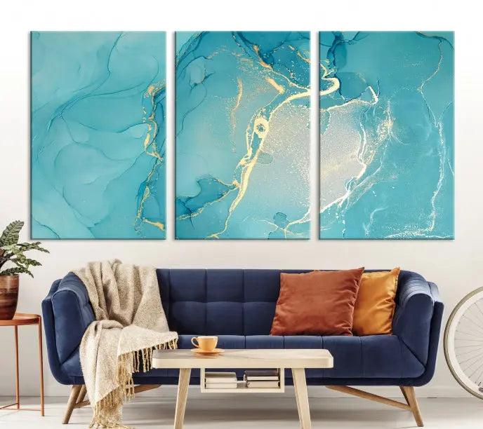 The Turquoise Marble Fluid Effect Wall Art Abstract Canvas Print, elegantly gallery wrapped on museum-quality canvas, hangs prominently.