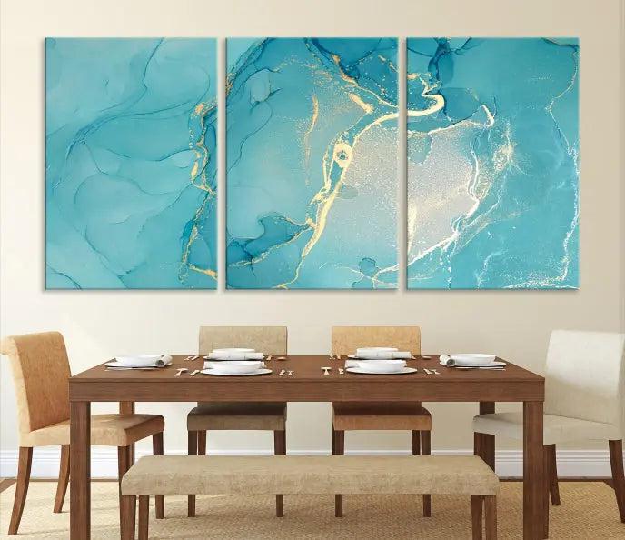 The Turquoise Marble Fluid Effect Wall Art Abstract Canvas Print, elegantly gallery wrapped on museum-quality canvas, hangs prominently.