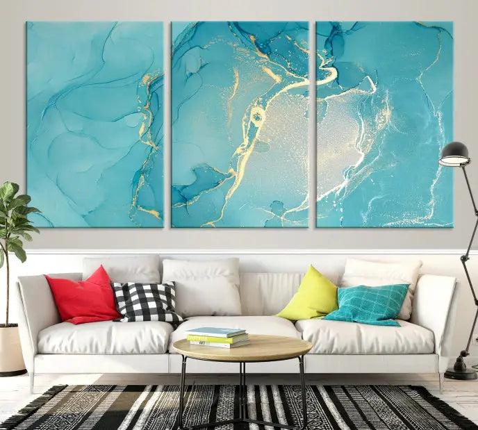 The Turquoise Marble Fluid Effect Wall Art Abstract Canvas Print, elegantly gallery wrapped on museum-quality canvas, hangs prominently.