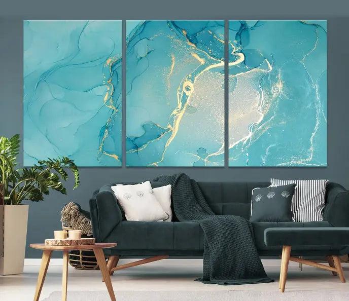 The Turquoise Marble Fluid Effect Wall Art Abstract Canvas Print, elegantly gallery wrapped on museum-quality canvas, hangs prominently.