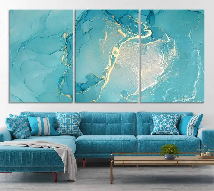 The Turquoise Marble Fluid Effect Wall Art Abstract Canvas Print, elegantly gallery wrapped on museum-quality canvas, hangs prominently.