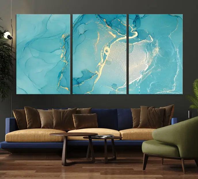 The Turquoise Marble Fluid Effect Wall Art Abstract Canvas Print, elegantly gallery wrapped on museum-quality canvas, hangs prominently.