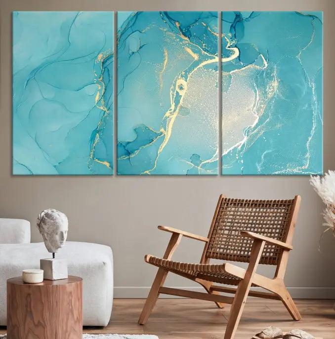 The Turquoise Marble Fluid Effect Wall Art Abstract Canvas Print, elegantly gallery wrapped on museum-quality canvas, hangs prominently.