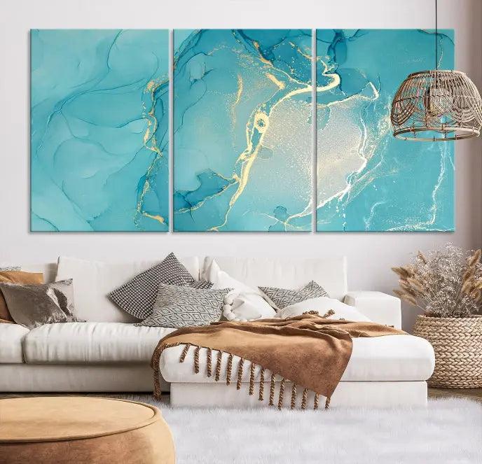 The Turquoise Marble Fluid Effect Wall Art Abstract Canvas Print, elegantly gallery wrapped on museum-quality canvas, hangs prominently.