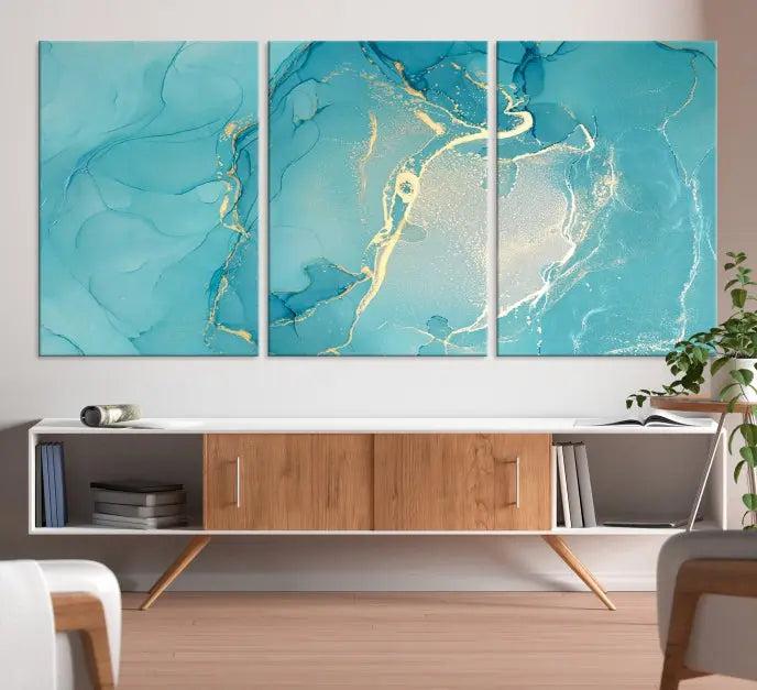 The Turquoise Marble Fluid Effect Wall Art Abstract Canvas Print, elegantly gallery wrapped on museum-quality canvas, hangs prominently.