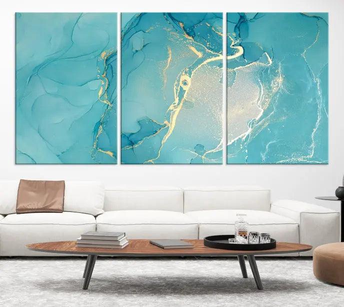 The Turquoise Marble Fluid Effect Wall Art Abstract Canvas Print, elegantly gallery wrapped on museum-quality canvas, hangs prominently.