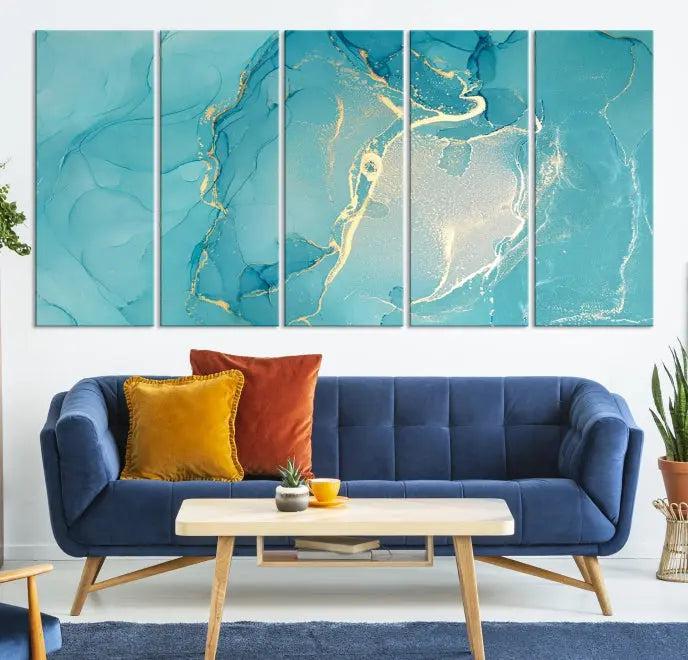 The Turquoise Marble Fluid Effect Wall Art Abstract Canvas Print, elegantly gallery wrapped on museum-quality canvas, hangs prominently.