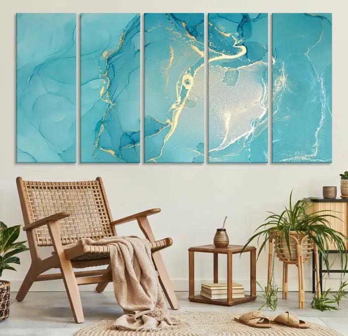 The Turquoise Marble Fluid Effect Wall Art Abstract Canvas Print, elegantly gallery wrapped on museum-quality canvas, hangs prominently.