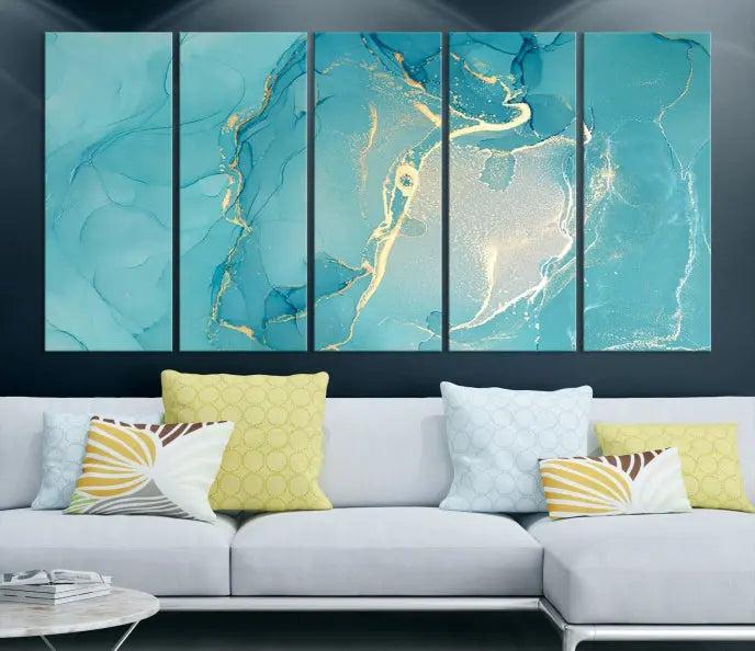 The Turquoise Marble Fluid Effect Wall Art Abstract Canvas Print, elegantly gallery wrapped on museum-quality canvas, hangs prominently.