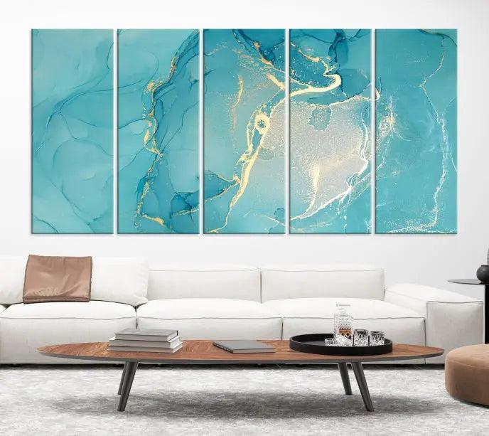 The Turquoise Marble Fluid Effect Wall Art Abstract Canvas Print, elegantly gallery wrapped on museum-quality canvas, hangs prominently.