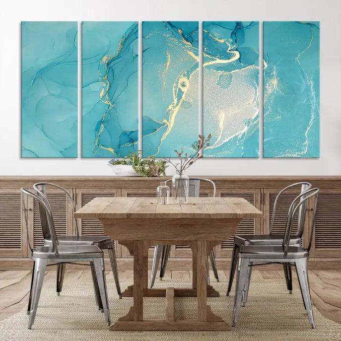 The Turquoise Marble Fluid Effect Wall Art Abstract Canvas Print, elegantly gallery wrapped on museum-quality canvas, hangs prominently.