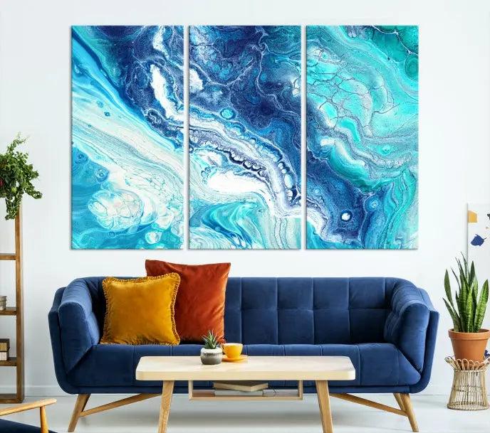 The "Turquoise Marble Fluid Effect Wall Art Abstract Canvas Wall Art Print" enhances the space with its captivating design.