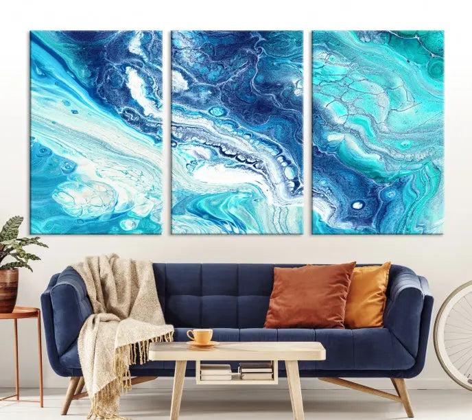 The "Turquoise Marble Fluid Effect Wall Art Abstract Canvas Wall Art Print" enhances the space with its captivating design.