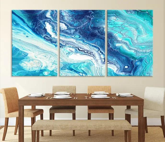 The "Turquoise Marble Fluid Effect Wall Art Abstract Canvas Wall Art Print" enhances the space with its captivating design.