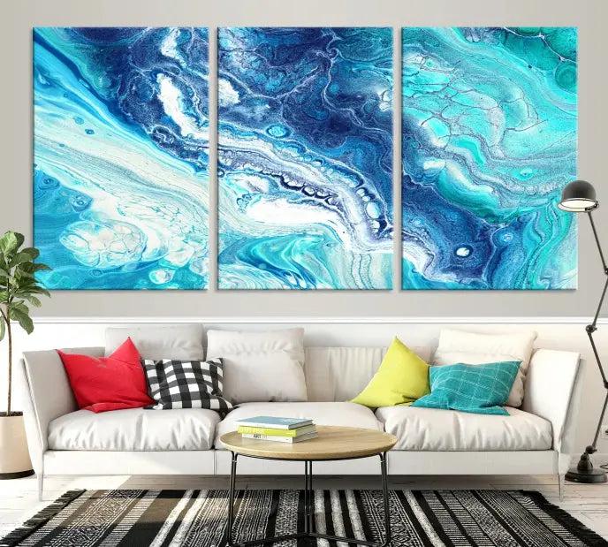 The "Turquoise Marble Fluid Effect Wall Art Abstract Canvas Wall Art Print" enhances the space with its captivating design.