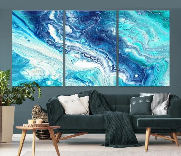 The "Turquoise Marble Fluid Effect Wall Art Abstract Canvas Wall Art Print" enhances the space with its captivating design.