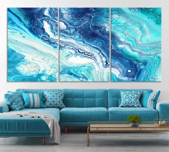 The "Turquoise Marble Fluid Effect Wall Art Abstract Canvas Wall Art Print" enhances the space with its captivating design.