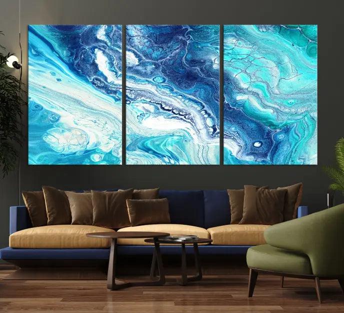 The "Turquoise Marble Fluid Effect Wall Art Abstract Canvas Wall Art Print" enhances the space with its captivating design.