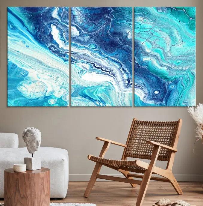 The "Turquoise Marble Fluid Effect Wall Art Abstract Canvas Wall Art Print" enhances the space with its captivating design.