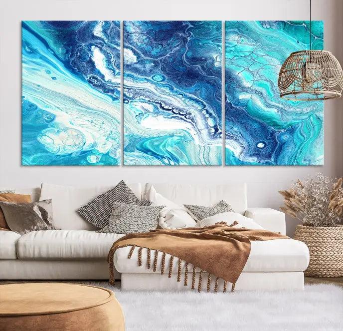 The "Turquoise Marble Fluid Effect Wall Art Abstract Canvas Wall Art Print" enhances the space with its captivating design.