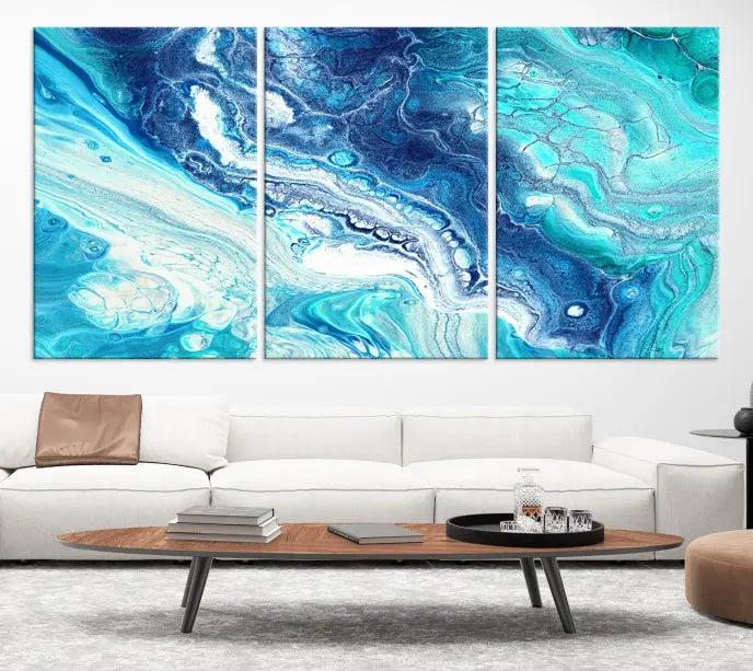 The "Turquoise Marble Fluid Effect Wall Art Abstract Canvas Wall Art Print" enhances the space with its captivating design.