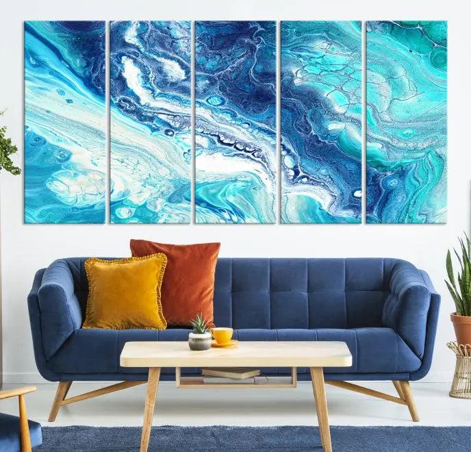 The "Turquoise Marble Fluid Effect Wall Art Abstract Canvas Wall Art Print" enhances the space with its captivating design.