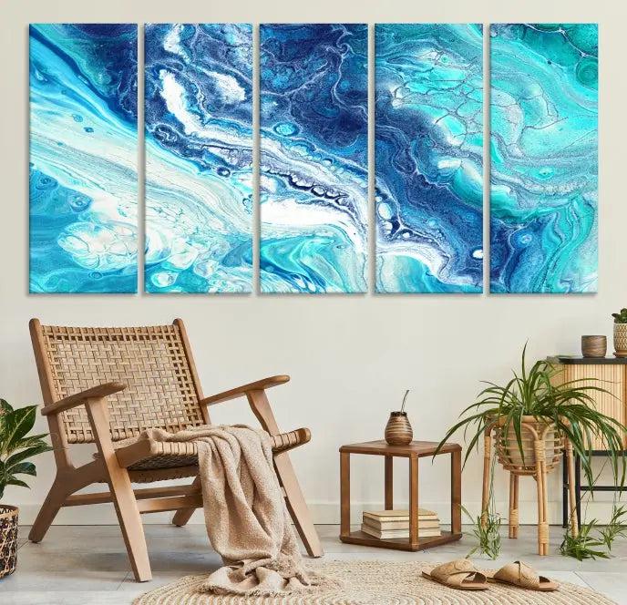 The "Turquoise Marble Fluid Effect Wall Art Abstract Canvas Wall Art Print" enhances the space with its captivating design.