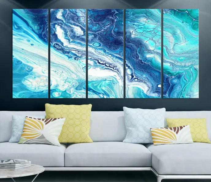 The "Turquoise Marble Fluid Effect Wall Art Abstract Canvas Wall Art Print" enhances the space with its captivating design.