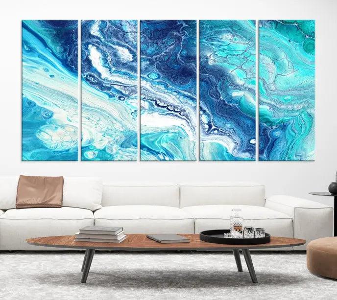 The "Turquoise Marble Fluid Effect Wall Art Abstract Canvas Wall Art Print" enhances the space with its captivating design.