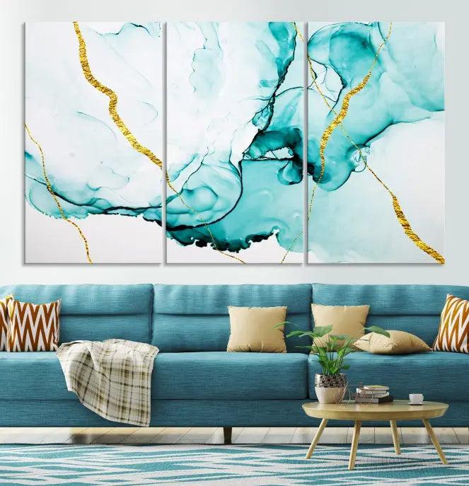 The Turquoise Marble Fluid Effect Wall Art Abstract Canvas Print adds a touch of elegance to the room. This museum-quality canvas comes ready to hang, offering an effortlessly stylish accent to the space.