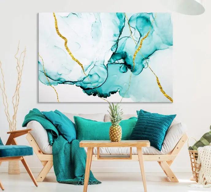 The Turquoise Marble Fluid Effect Wall Art Abstract Canvas Print adds a touch of elegance to the room. This museum-quality canvas comes ready to hang, offering an effortlessly stylish accent to the space.