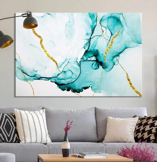 The Turquoise Marble Fluid Effect Wall Art Abstract Canvas Print adds a touch of elegance to the room. This museum-quality canvas comes ready to hang, offering an effortlessly stylish accent to the space.